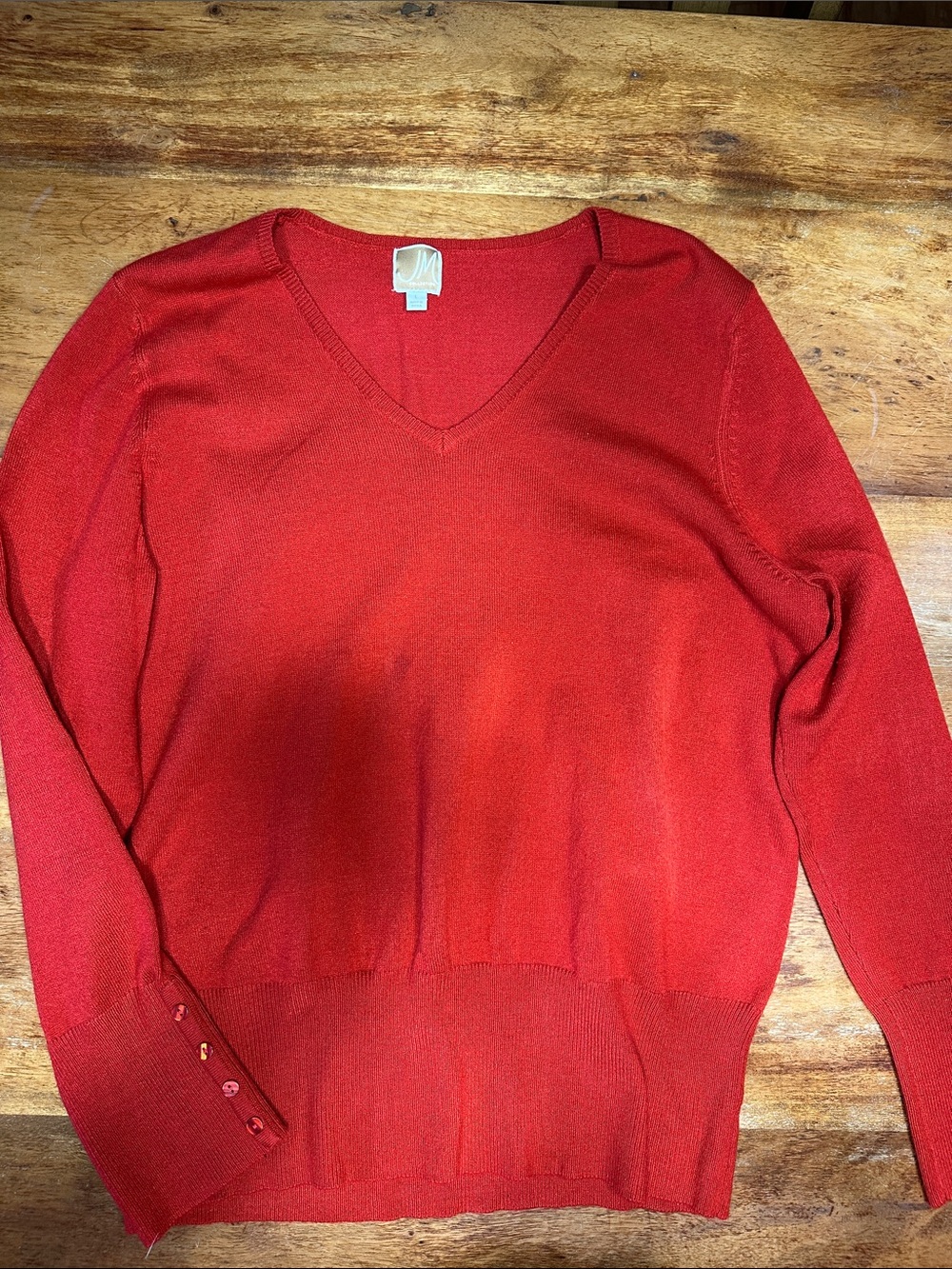 JM Collection Red V-Neck Sweater with Sleeve Button Detail